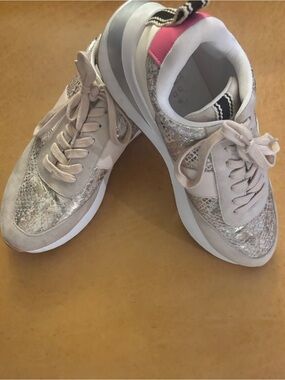 ShuShop Beige and Silver Snakeskin Sneakers with Pink Heel Tab